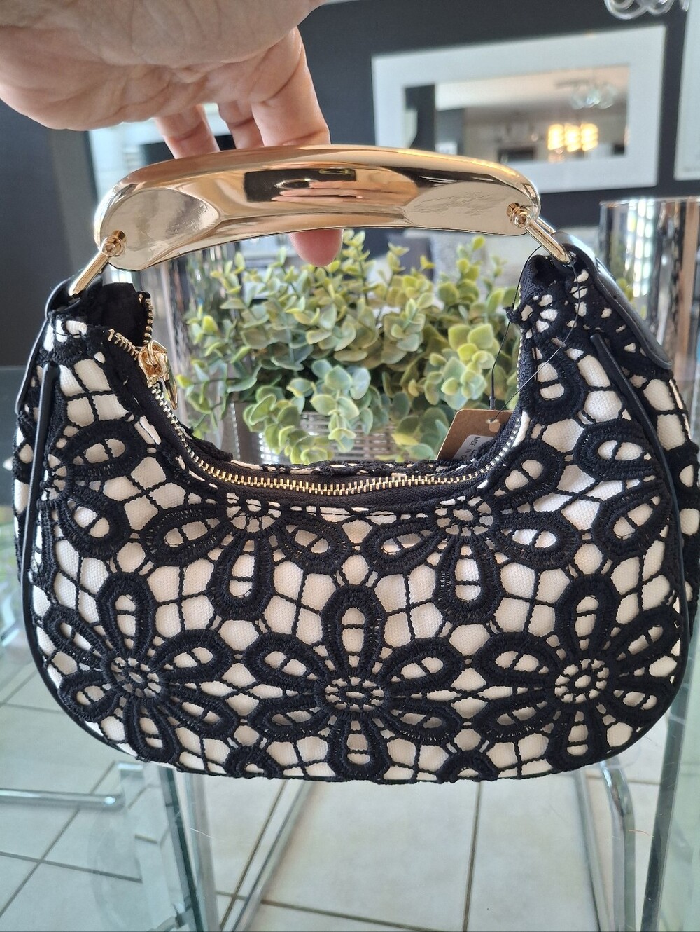Elegant Black Lace Overlay Shoulder Bag - White Base